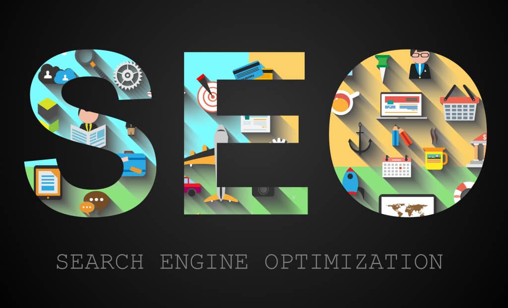 SEO Search engine optimization concept with Flat design and a lo